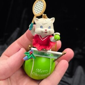 Lustre Fame 1998 Christmas Ornament Merry Christmas Cat Tennis Ball Vintage